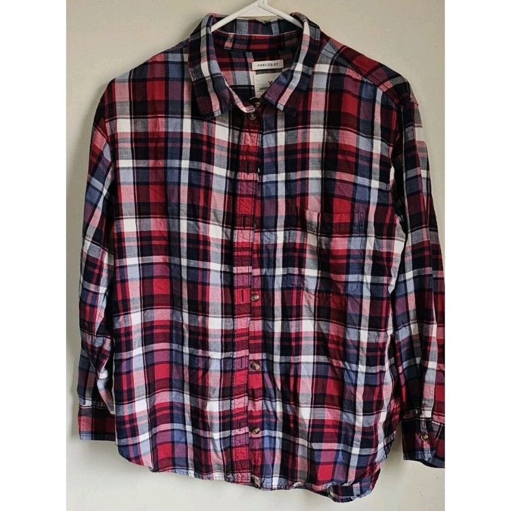 American Eagle Womens Red Plaid Shirt Oversized Fit Size L Button Up